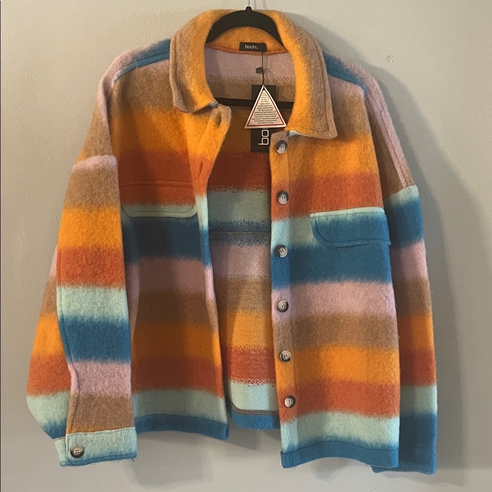 Boohoo Sunset Stripe Wool-Blend Shacket in Orange, Blue & Pink